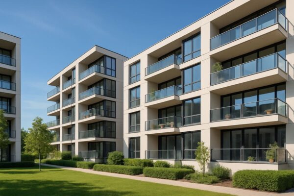 Nowoczesny kompleks apartamentów z dużymi oknami i balkonami z roślinami, otoczony zielonym dziedzińcem z drzewami i trawnikiem, idealny na Nowe mieszkania.