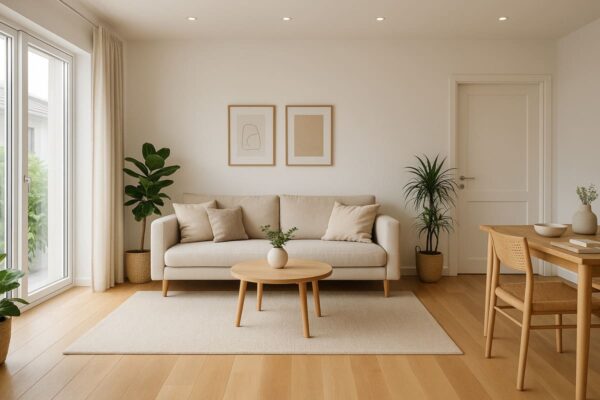 Nowe mieszkanie z jasnym salonem urządzonym w stylu skandynawskim – drewniana podłoga, sofa, stół i naturalne oświetlenie.