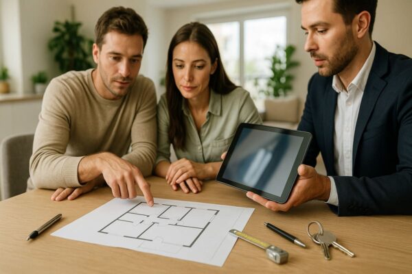 Para kupujących i agent oglądają mieszkanie; na stole plan lokalu, klucze i miarka, tablet bez tekstu — realistyczna scena: zakup mieszkania.