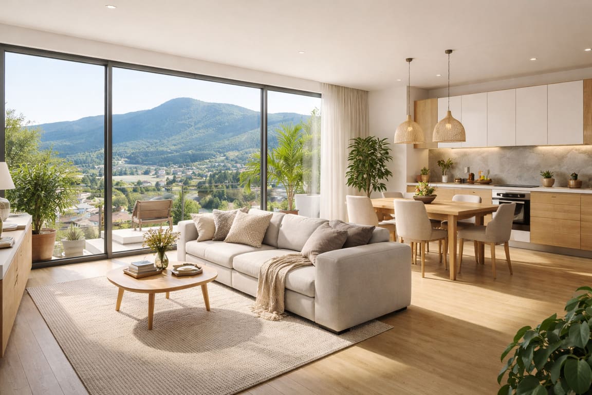 Jasne wnętrze salonu połączonego z kuchnią w stylu skandynawsko-nowoczesnym z dużymi oknami i widokiem na Beskidy, drewnianą podłogą, sofą oraz stołem jadalnym – przykład inwestycji nowe apartamenty bielsko-biała.